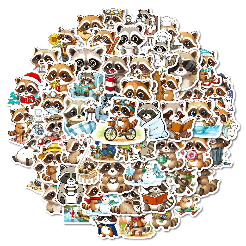 56PCS Cute Little Raccoon Graffiti Sticker Cartoon Animal Funny Meme Decal Kids Toy for Water Cup Stationery Box Luggage