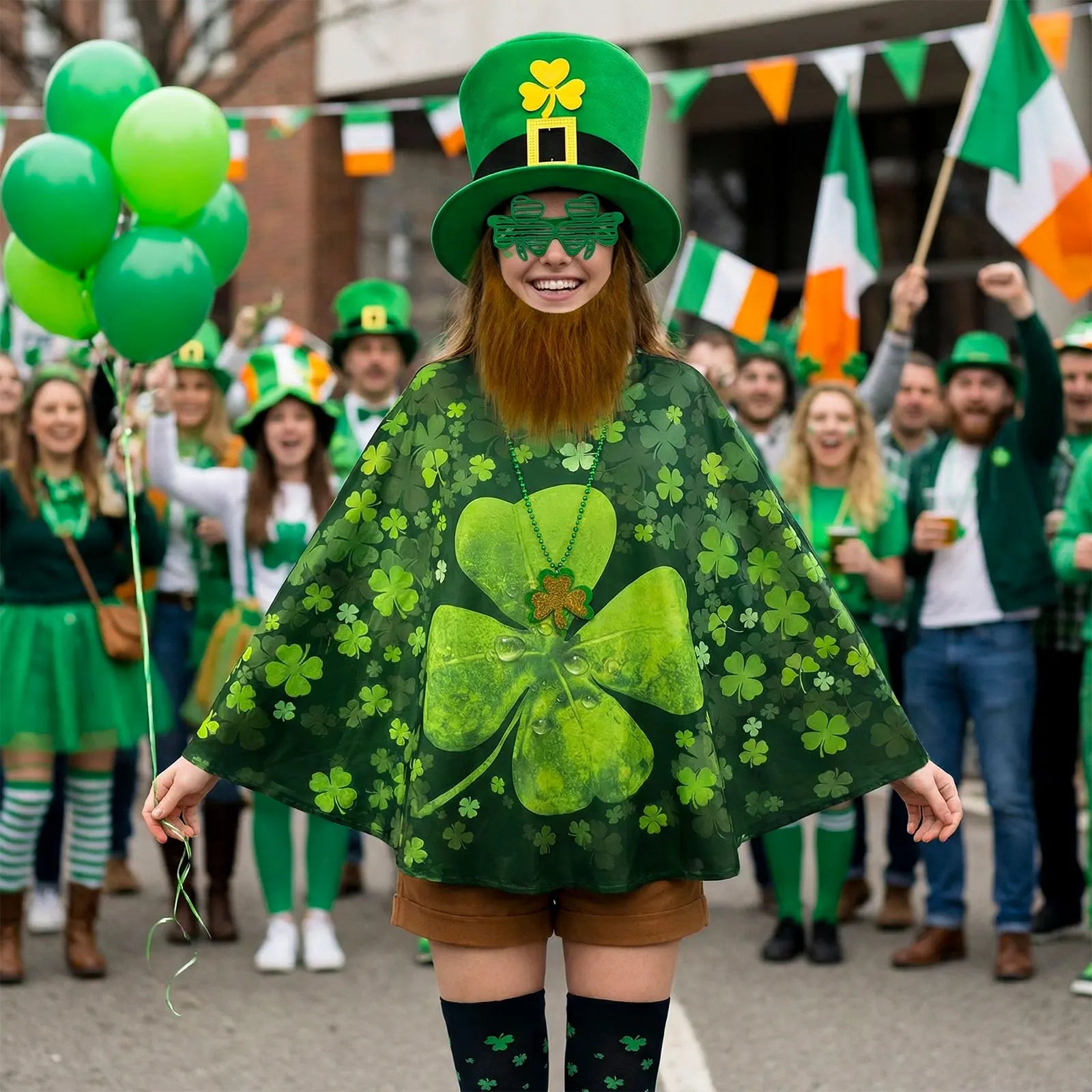 St Patrick's Day Costume Set 5 Pieces with glasses cloak Socks necklaces Shamrock Hat Irish Faux Mustache Sets Home Party Decor