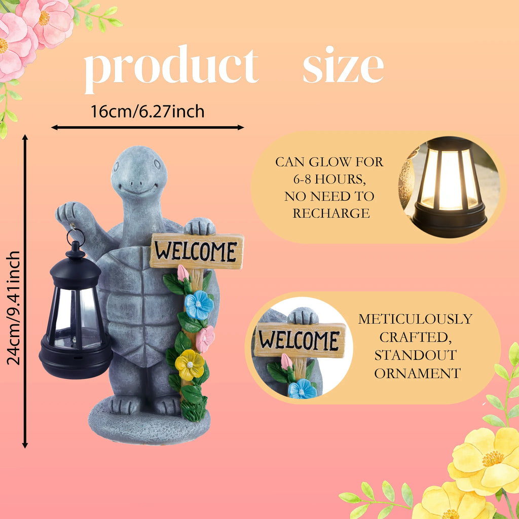 Turtle Welcome Statue with Solar Lantern Garden Ornament Good Luck Outdoor Decorative Lamp