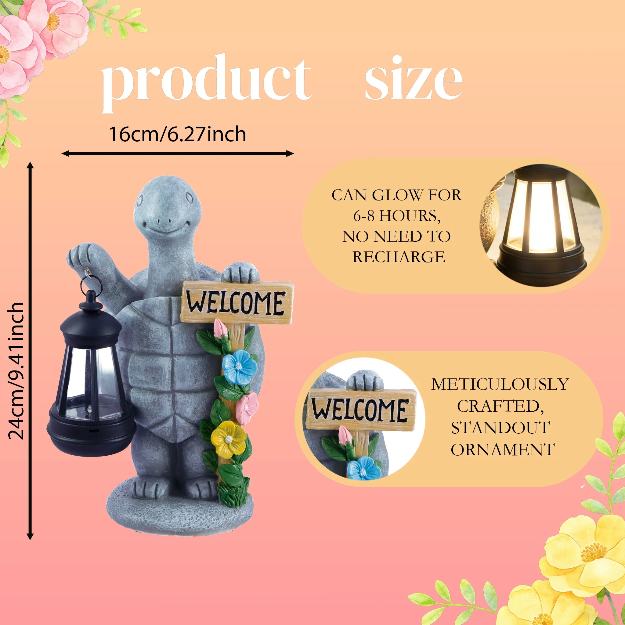 Turtle Welcome Statue with Solar Lantern Garden Ornament Good Luck Outdoor Decorative Lamp
