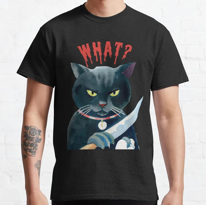 Cat What Murderous Black Cat With Knife T-Shirts for Men Kitten Lovers Cotton Big Tall Tees Short Sleeve T Shirt Big Size 6XL