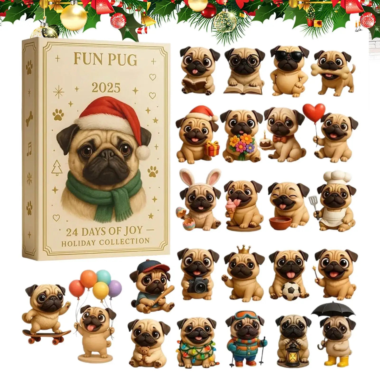 Pug Christmas Advent 24 Days 2D Acrylic Dog christmas Decorations Pug Tree Ornament Countdown Calendar For Home Kids Adults Dog