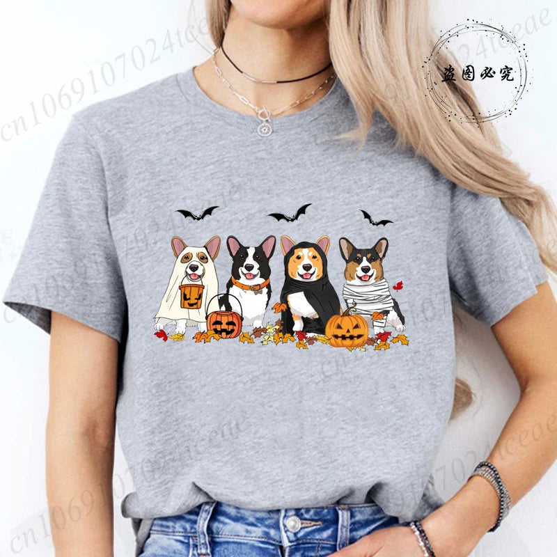 Halloween Dog Fashion T Shirt Tops Women Harajuku Graphic Tees Shirt Femme Corgi Dogs Halloween Women's T-shirt Clothes Tops