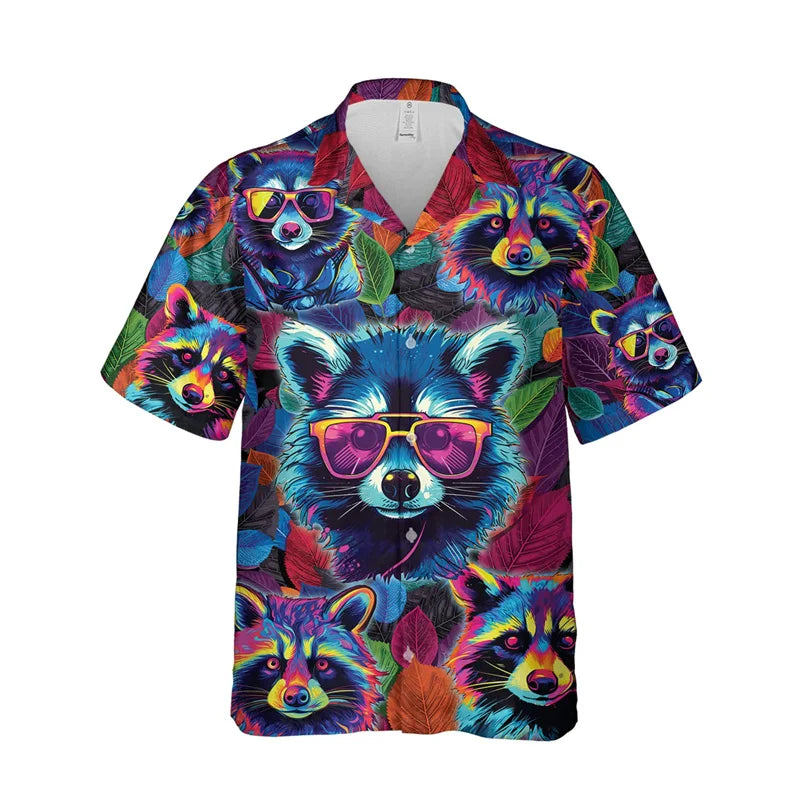 Funny Animal Raccoon 3D Print Beach Shirts For Men Procyon Lotor Lover Short Sleeve Bear Lapel Blouse Hawaiian Boy Button Tops