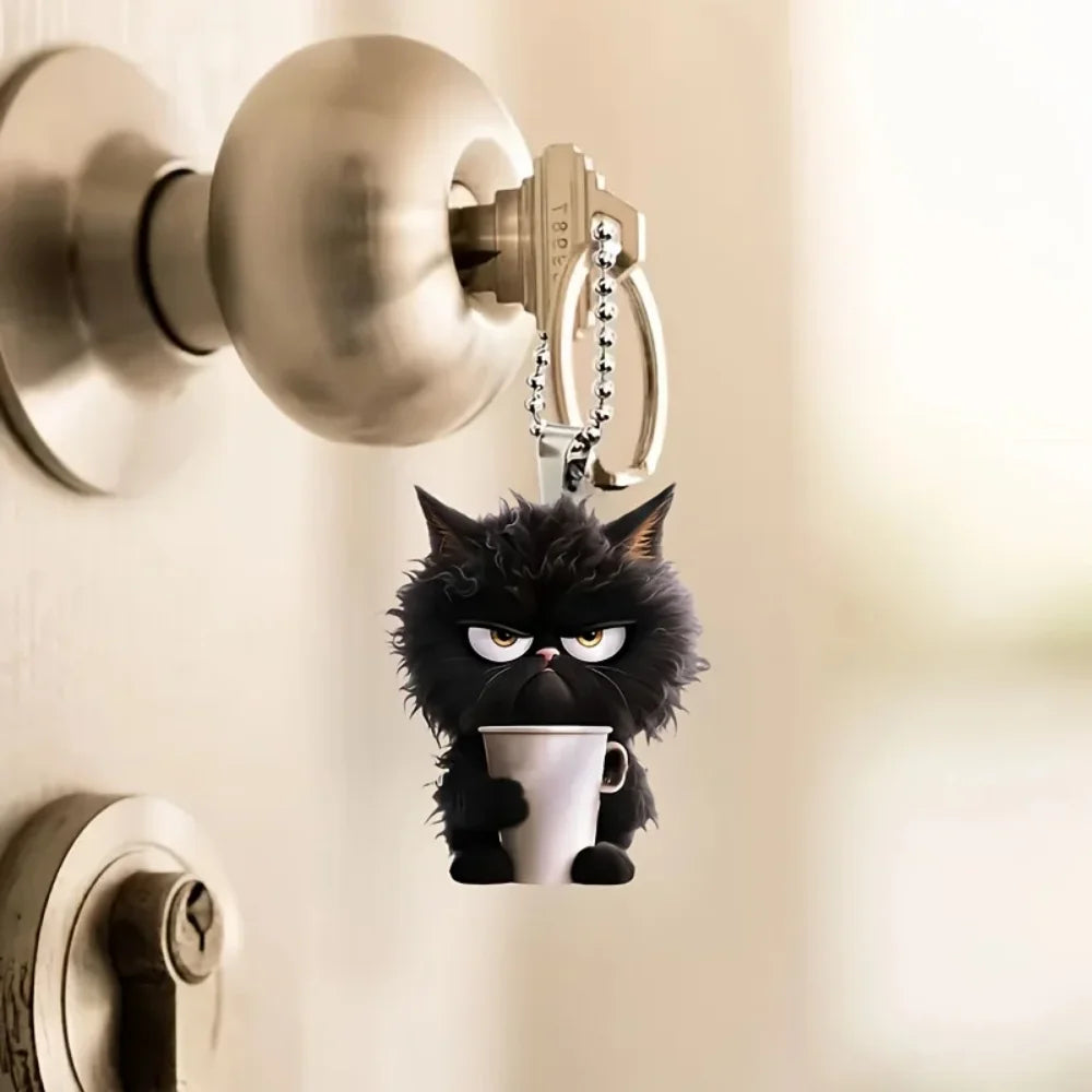 Fun Coffee Black Cat Keychain Versatile Charm,Cute Cartoon Kitten 2D Flat Acrylic Pendant,For Car,Bag,Festive,Party,Gift & Decor