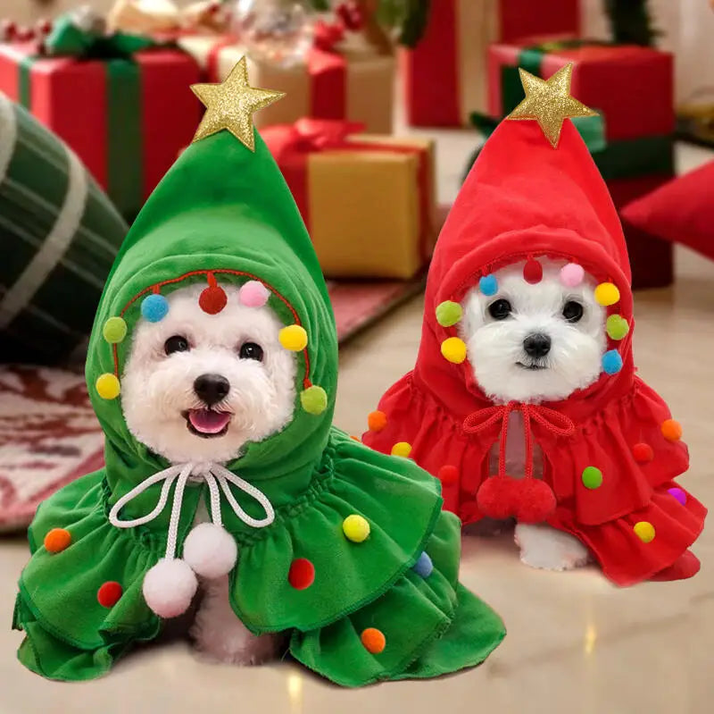 2025 Christmas Cat Dog Winter Warm Cloak Christmas Tree Shape Red Green Party Outfit For Puppy Kitten Transformation Apparel