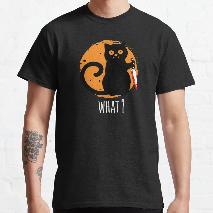 Cat What Murderous Black Cat With Knife T-Shirts for Men Kitten Lovers Cotton Big Tall Tees Short Sleeve T Shirt Big Size 6XL