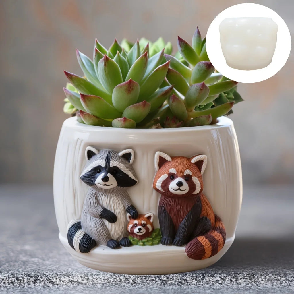 Raccoon Family Succulents Flower Pot Silicone Mold Red Panda Family Relief Resin Plaster Flower Pot Mold