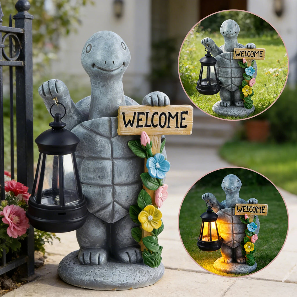 Turtle Welcome Statue with Solar Lantern Garden Ornament Good Luck Outdoor Decorative Lamp