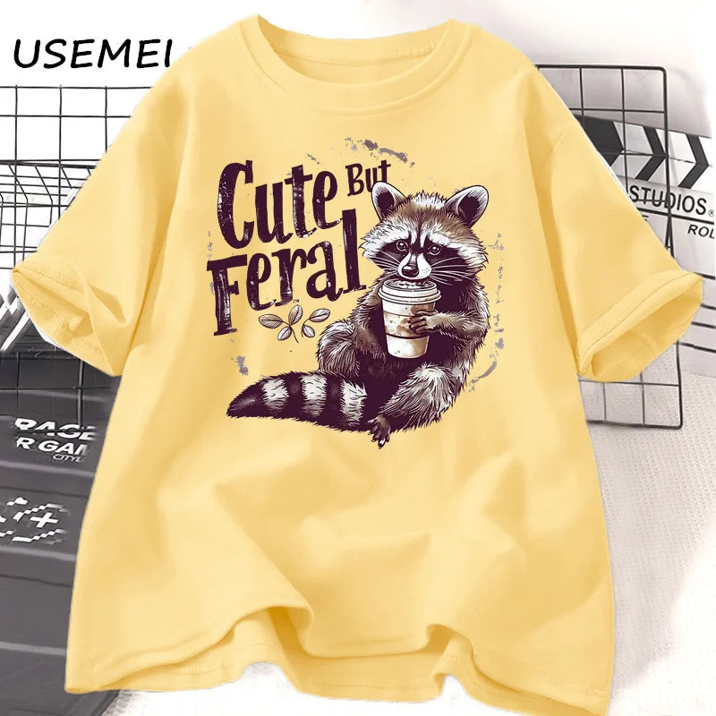 Funny Racoon Cute but Feral t Shirt women funny Opossum tee Retro Animal Meme t-shirt cotton short sleeve clothing female tees