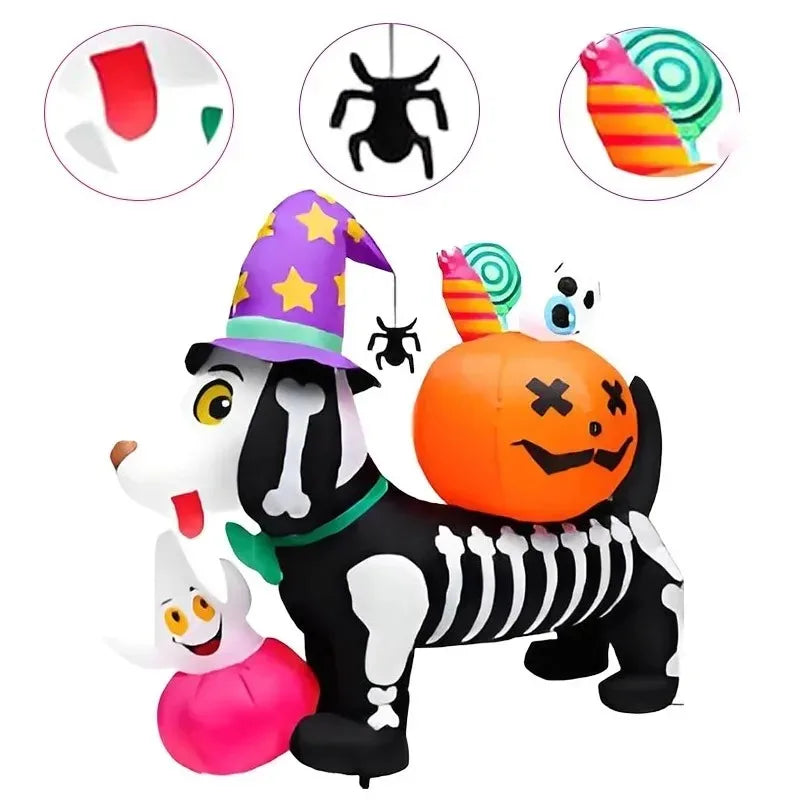 5FT Halloween Inflatable Toys Skeleton Dog with Pumpkin Decorations LED Light Up Blow Up Lawn Blow Up Model Outside Garden Decor
