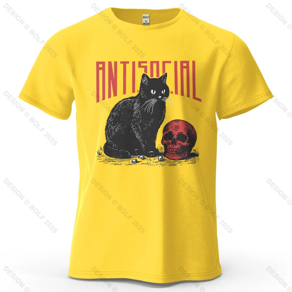 Black Cat Skull Printed T-Shirt