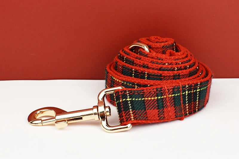 Christmas Dog Collar Customized Designer Logo Red  lattice  on  Soft Cotton Dog Collar Leashes Pet Harness Luxury Dog Leash Set