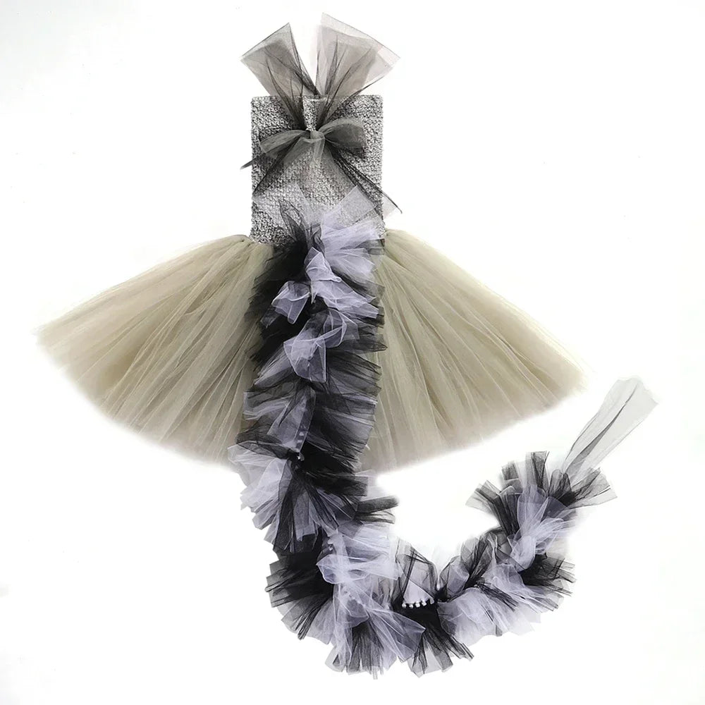 Grey Raccoon Costume Kids Racoon Tutu Dress with Tail Toddler Girls Halloween Birthday Carnival Party Animal Dress Up Clothes