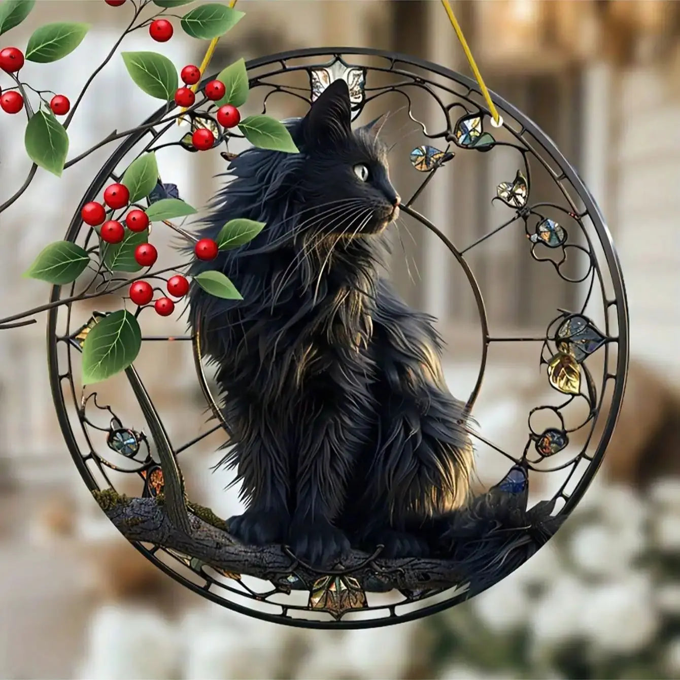 Black cat pendant sitting on a tree branch basking in the sun