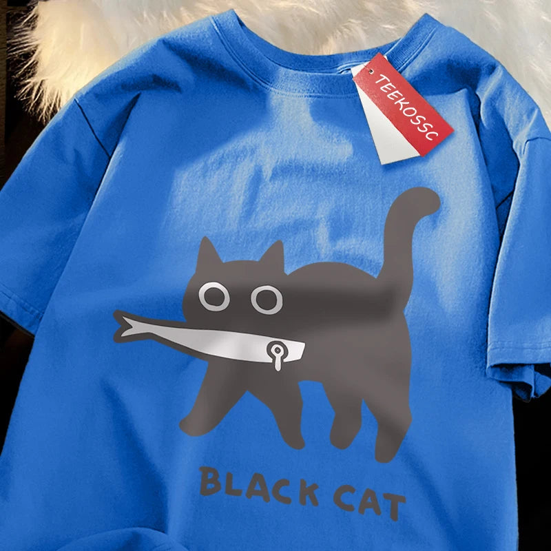 Fun A Black Cat Eating Fish Japanese Style T-Shirt
