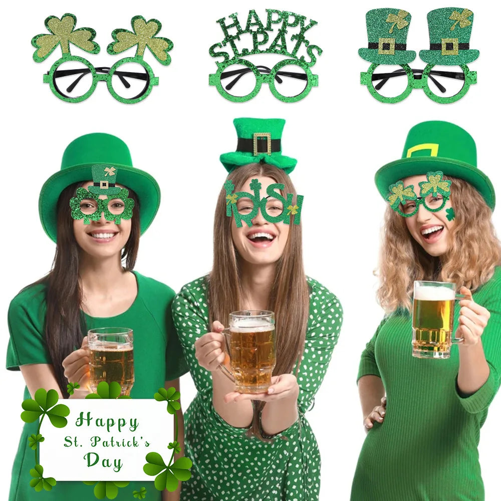 St. Patrick's Day Decorative Kids' Dress up Frame Green Hat Clover Plastic Glasses Frame 2025 Theme Irish Celebration Accessory