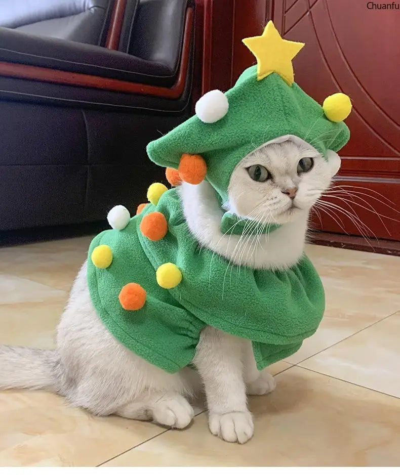 Christmas Pet Costume, Dog Cat Xmas Tree Outfit, Adjustable Warm Puppy Kitten Clothes, Hooded Pet Suit, Funny Festive Pet Dress