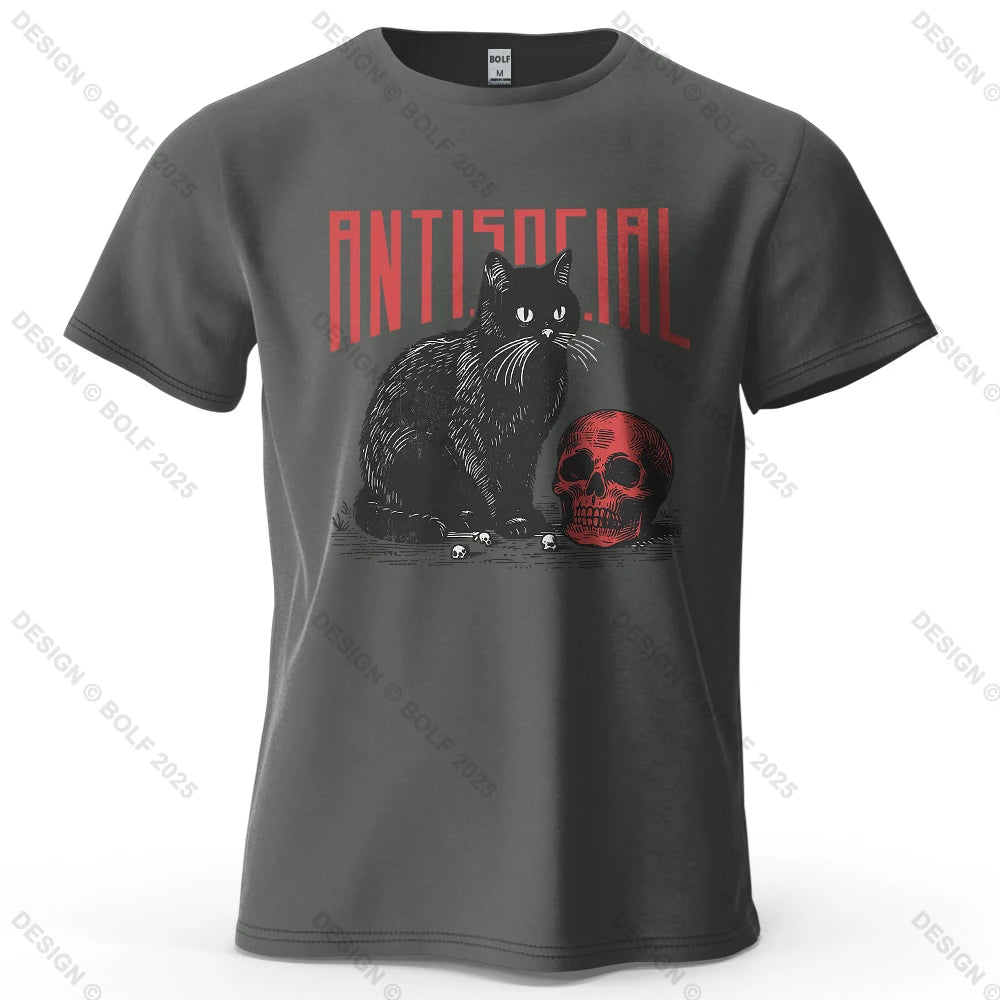 Black Cat Skull Printed T-Shirt