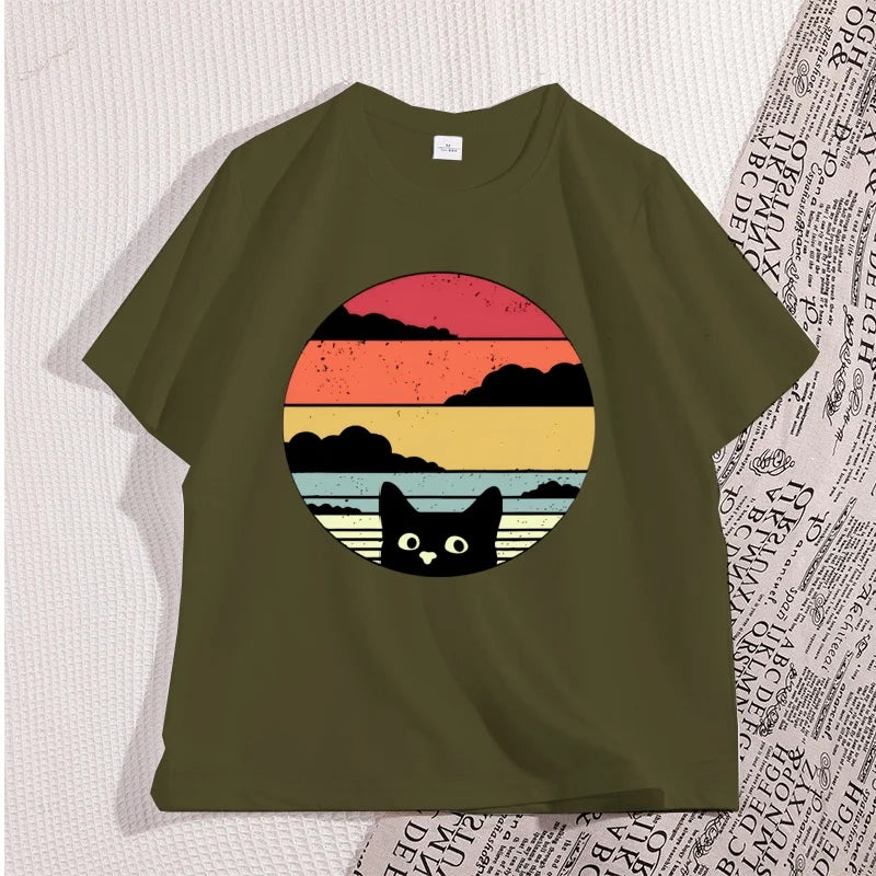 Black Cat Sunset Vintage T Shirt