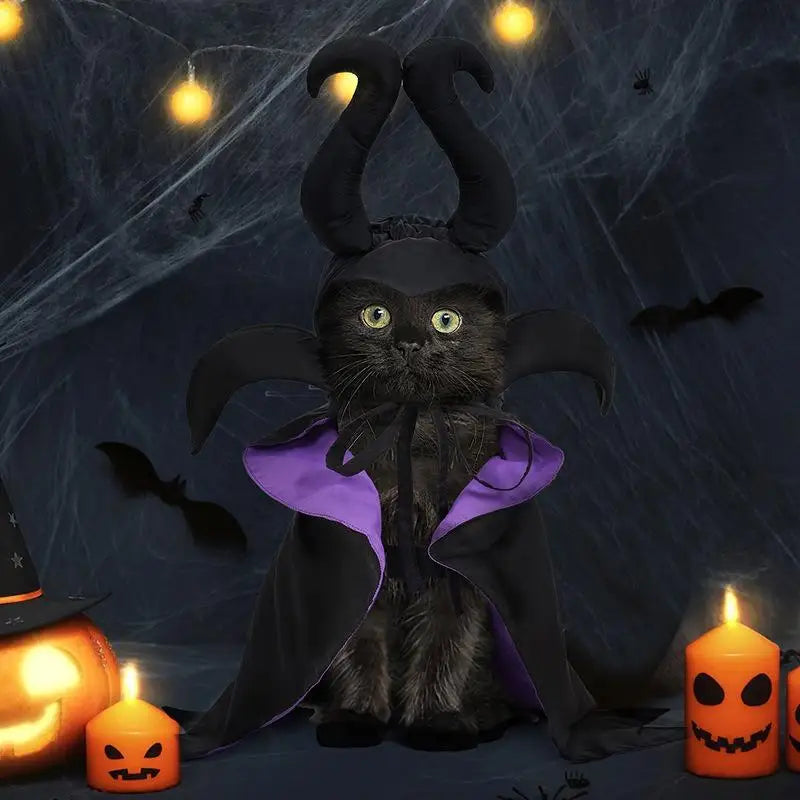 Halloween Pet Costume Hooded Cloak for Dogs Cats, Maleficent Adjustable Velvet Cape