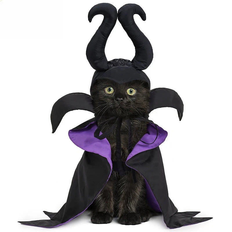 Halloween Pet Costume Hooded Cloak for Dogs Cats, Maleficent Adjustable Velvet Cape