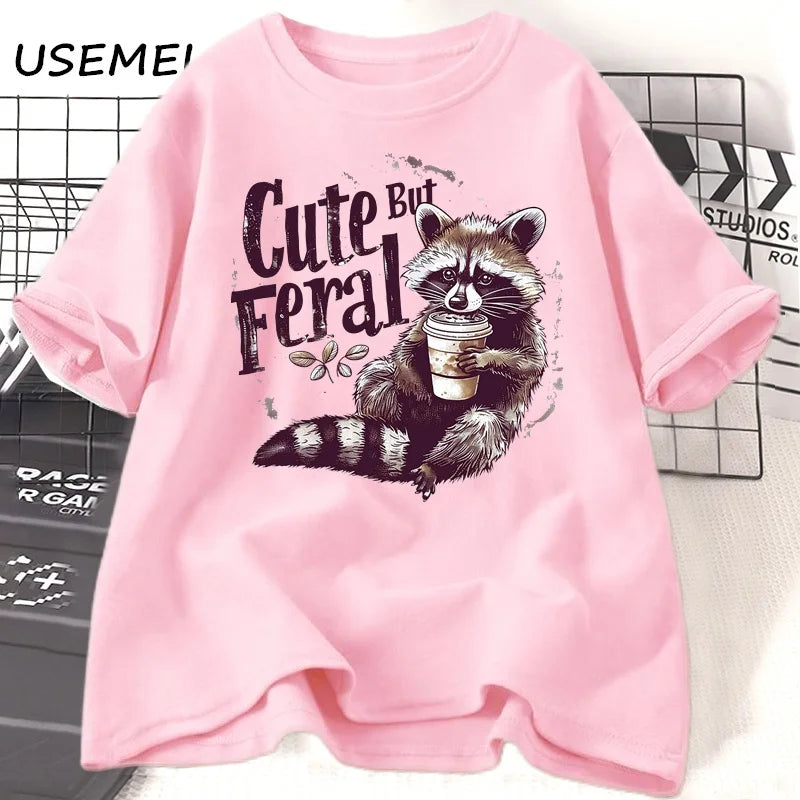 Funny Racoon Cute but Feral t Shirt women funny Opossum tee Retro Animal Meme t-shirt cotton short sleeve clothing female tees