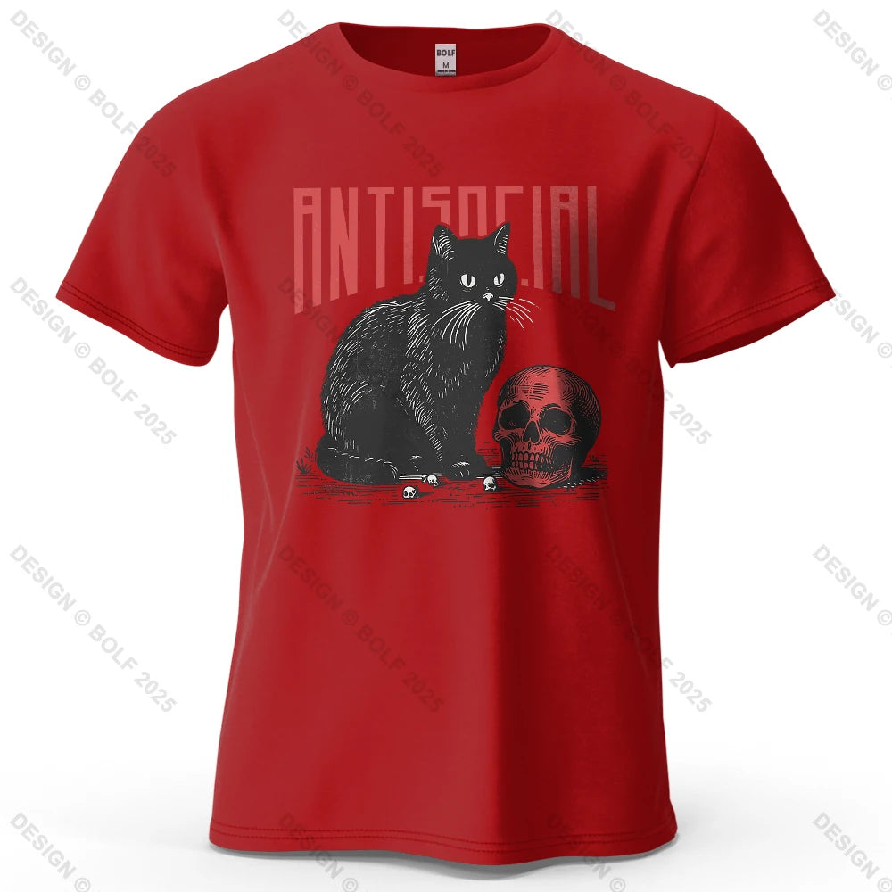 Black Cat Skull Printed T-Shirt