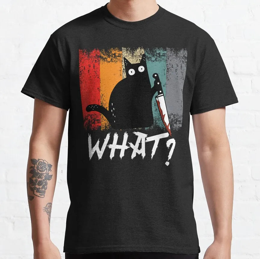 Cat What Murderous Black Cat With Knife T-Shirts for Men Kitten Lovers Cotton Big Tall Tees Short Sleeve T Shirt Big Size 6XL
