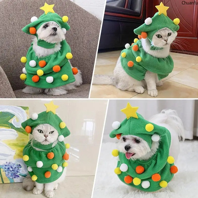 Christmas Pet Costume, Dog Cat Xmas Tree Outfit, Adjustable Warm Puppy Kitten Clothes, Hooded Pet Suit, Funny Festive Pet Dress