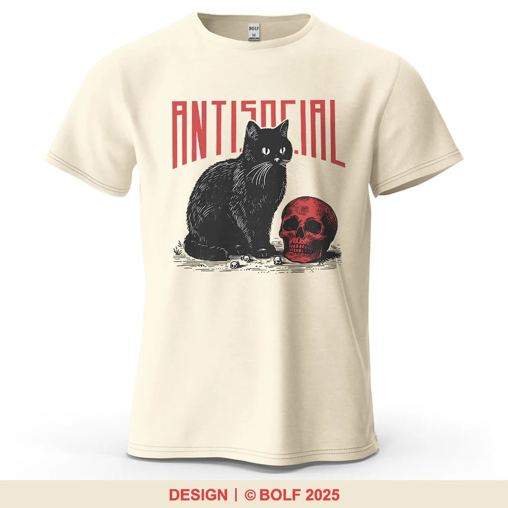 Black Cat Skull Printed T-Shirt