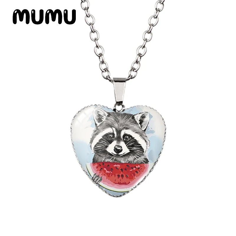 2023 New Raccoon Heart Necklace Cute Animal Painting Glass Printed Photo Pendant Handmade Jewelry Gifts Children