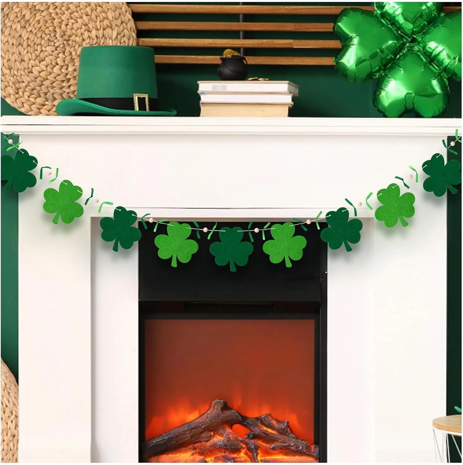 St.Patrick's Day Shamrock Garland, Green Shamrock Banner, Rustic Farmhouse Decor for Indoor Fireplace Mantle Hanging Decorations