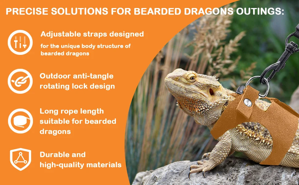 Bearded Dragon Harness and Leash Set, 3 Size Adjustable Soft Leather Reptile Leash, Lizard Harness with Retractable