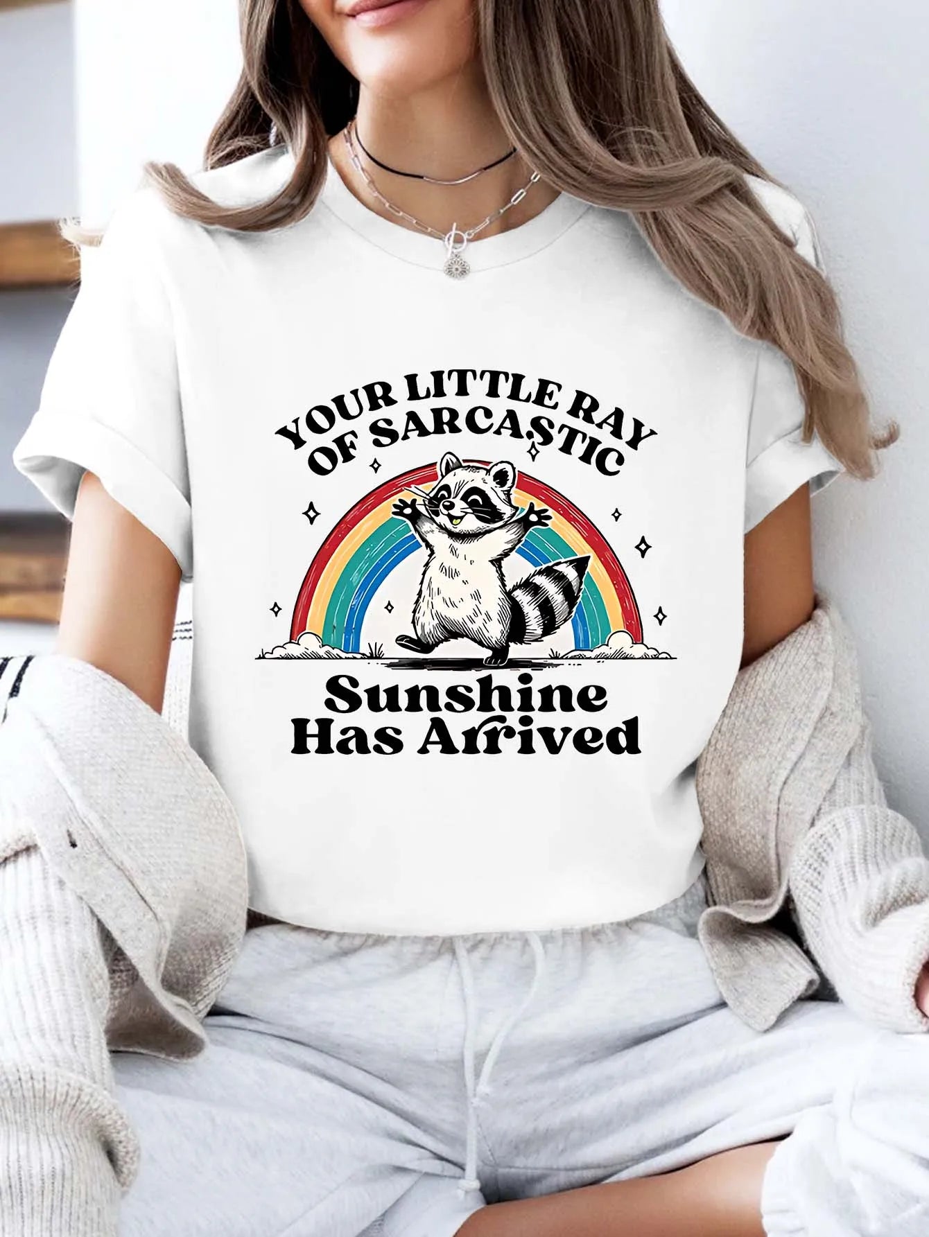 Plus - Size Humorous Raccoon & Rainbow Graphic Tee, Short - Sleeve