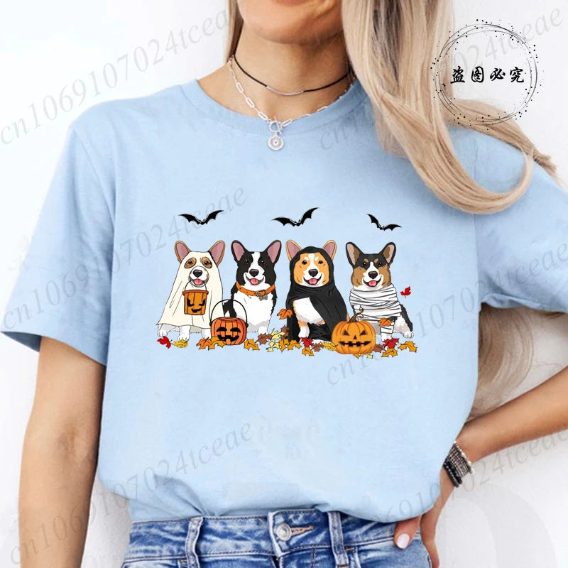 Halloween Dog Fashion T Shirt Tops Women Harajuku Graphic Tees Shirt Femme Corgi Dogs Halloween Women's T-shirt Clothes Tops