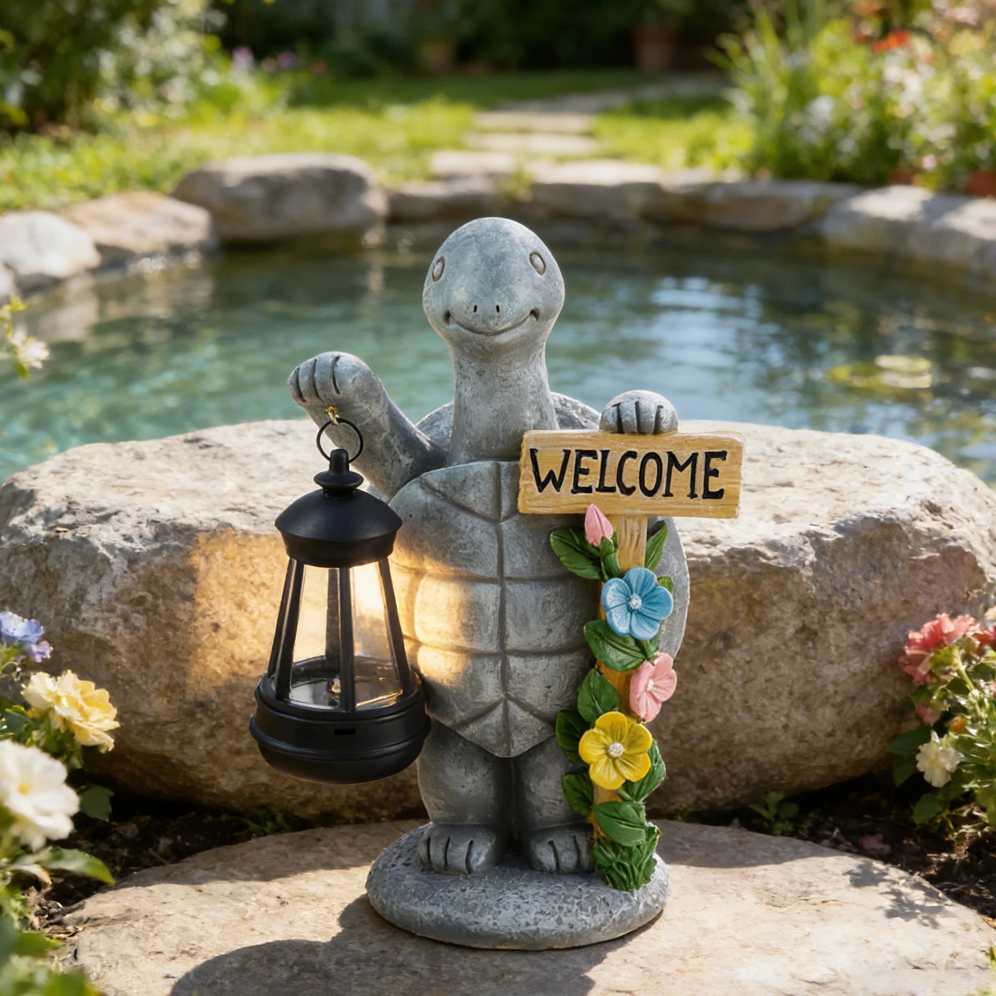 Turtle Welcome Statue with Solar Lantern Garden Ornament Good Luck Outdoor Decorative Lamp