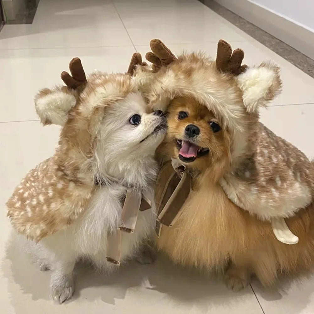 Christmas Pet Cat Dog Reindeer Antlers Cute Xmas Elk Cloak Cosplay Clothes Xmas Home Party New Year Pet Decor Costume Supplies