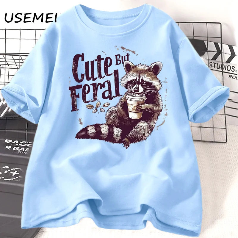 Funny Racoon Cute but Feral t Shirt women funny Opossum tee Retro Animal Meme t-shirt cotton short sleeve clothing female tees