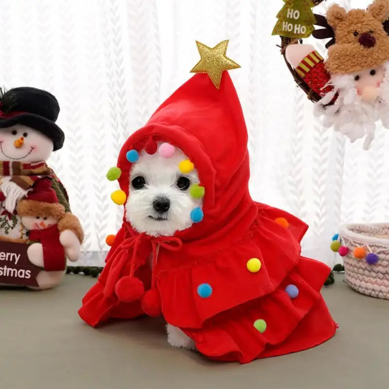 2025 Christmas Cat Dog Winter Warm Cloak Christmas Tree Shape Red Green Party Outfit For Puppy Kitten Transformation Apparel