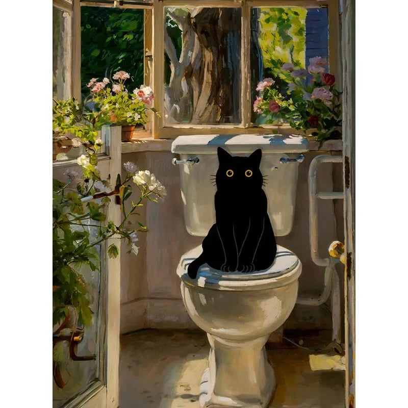 Colourful Funny Black Cat in Bathroom Poster