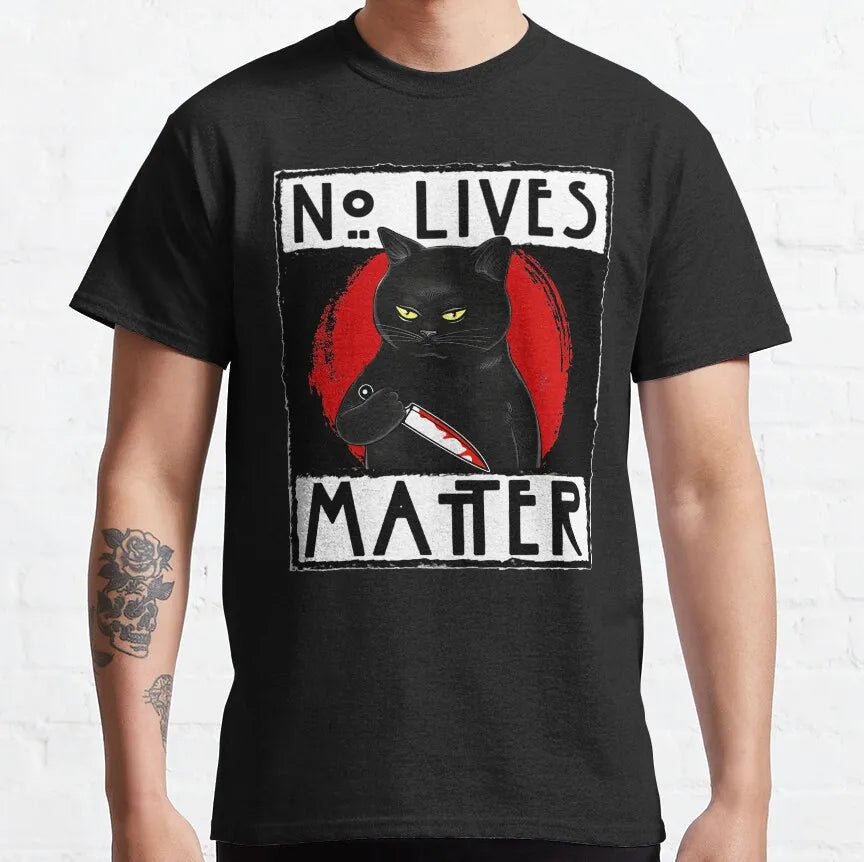 Cat What Murderous Black Cat With Knife T-Shirts for Men Kitten Lovers Cotton Big Tall Tees Short Sleeve T Shirt Big Size 6XL