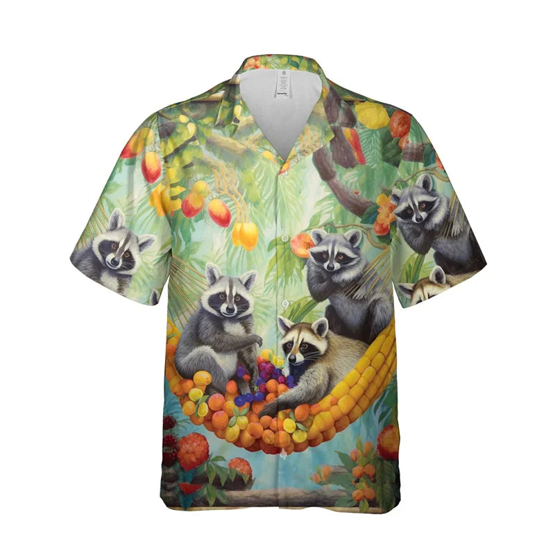 Funny Animal Raccoon 3D Print Beach Shirts For Men Procyon Lotor Lover Short Sleeve Bear Lapel Blouse Hawaiian Boy Button Tops
