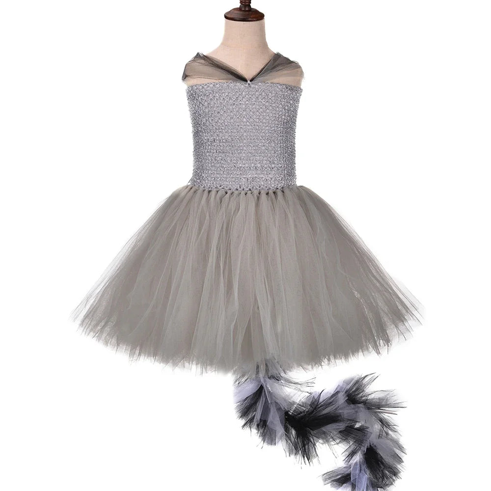 Grey Raccoon Costume Kids Racoon Tutu Dress with Tail Toddler Girls Halloween Birthday Carnival Party Animal Dress Up Clothes