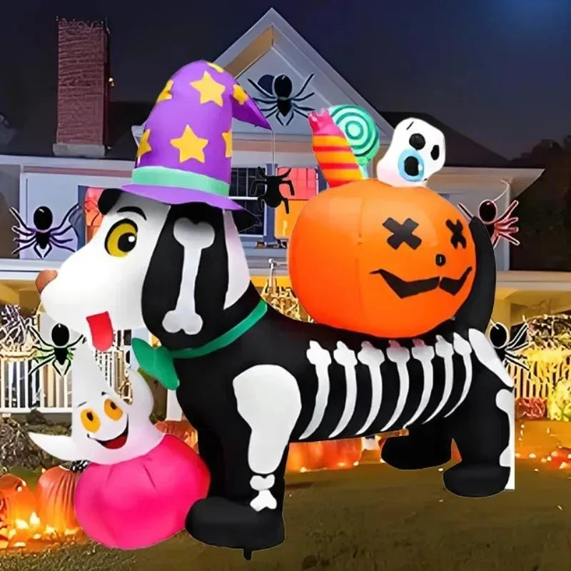 5FT Halloween Inflatable Toys Skeleton Dog with Pumpkin Decorations LED Light Up Blow Up Lawn Blow Up Model Outside Garden Decor
