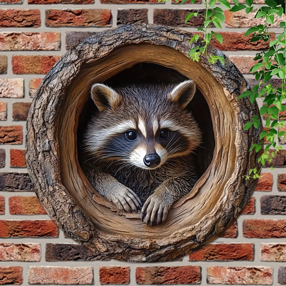 Raccoon in Tree Hole Aluminum Sign - Multifunctional Wall Decor, Waterproof Durable Metal Plaque for Home, Room Decor