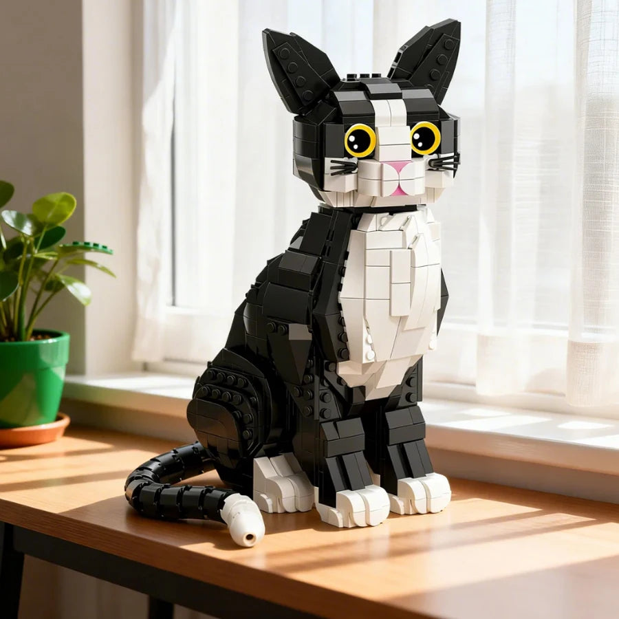 Black and White Cat Building Block Set Creative Sitting Kitten Brick Model Kit Adult Animal Assembly Toy Collectible Cat Figurin