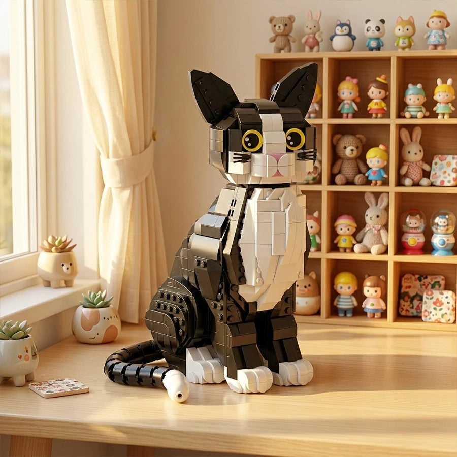Black and White Cat Building Block Set Creative Sitting Kitten Brick Model Kit Adult Animal Assembly Toy Collectible Cat Figurin
