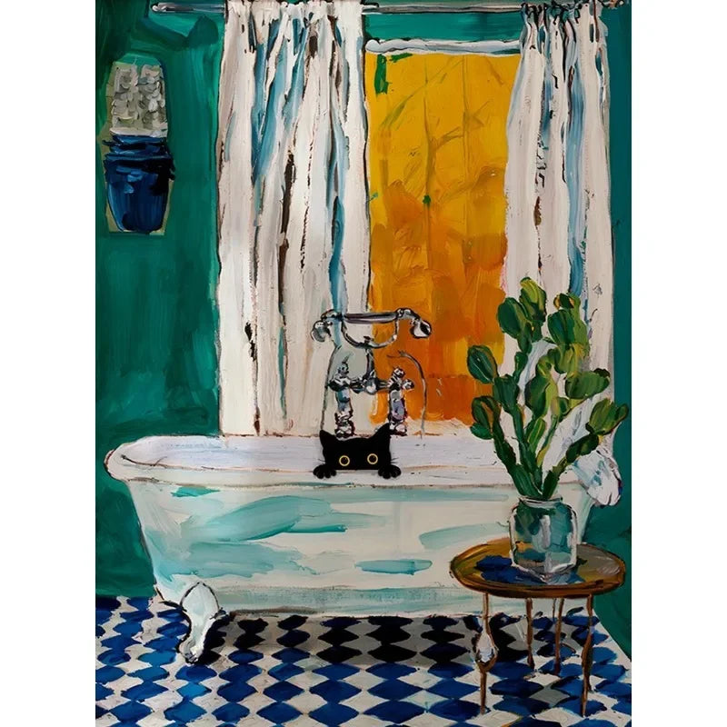 Colourful Funny Black Cat in Bathroom Poster