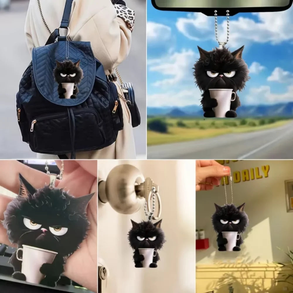 Fun Coffee Black Cat Keychain Versatile Charm,Cute Cartoon Kitten 2D Flat Acrylic Pendant,For Car,Bag,Festive,Party,Gift & Decor